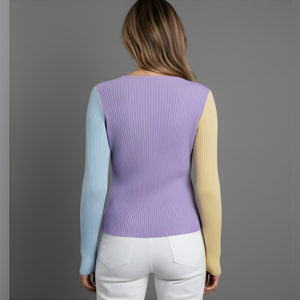 Rib Knit Tie Front Color Block Cardigan - Picture 4 of 7